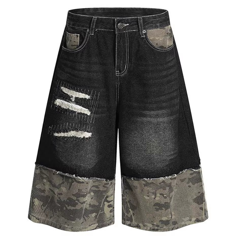 Camouflage Patchwork Vintage Denim Shorts Men Summer Streetwear Harajuku Hip Hop Shorts Casual Loose Shorts