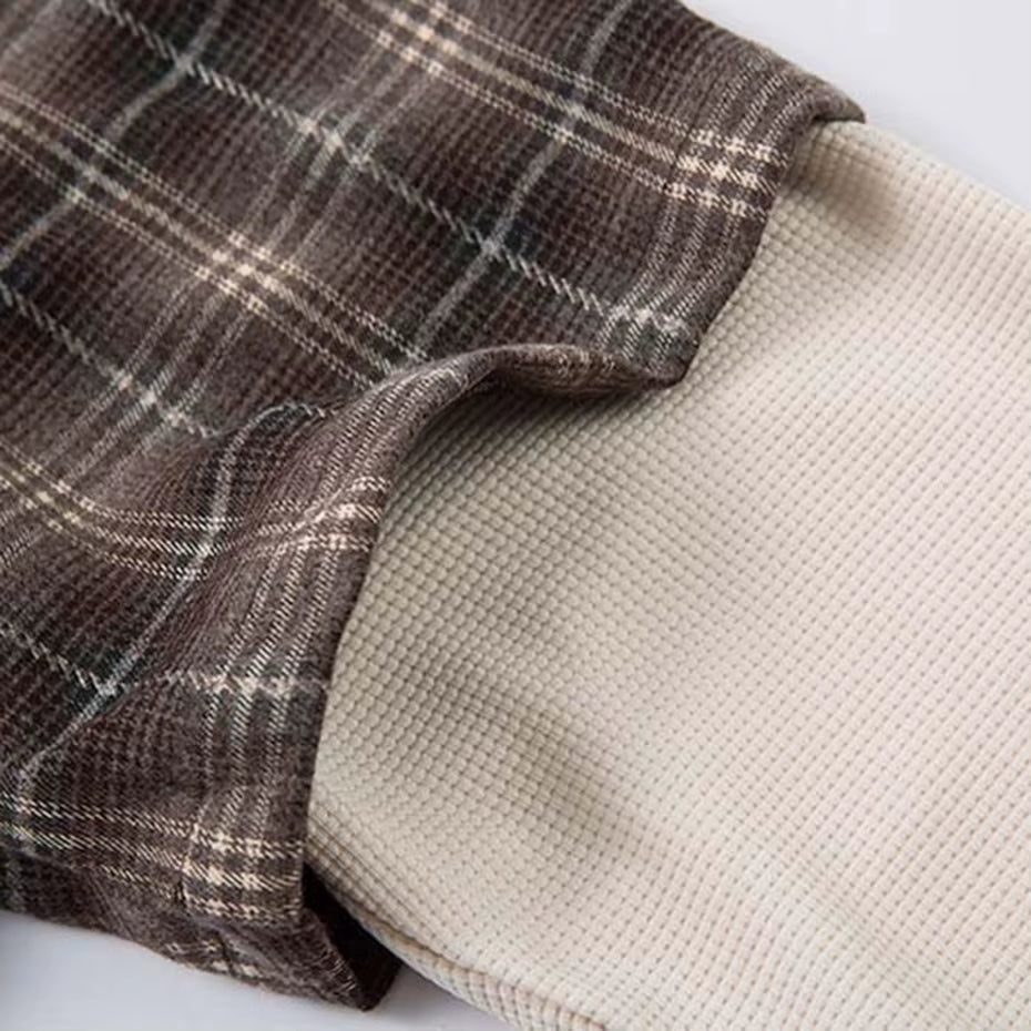 Vintage Plaid Shirts Fake Two Piece Loose Long Sleeve Shirts Button up Blouse Streetwear Harajuku Hip Hop Shirts