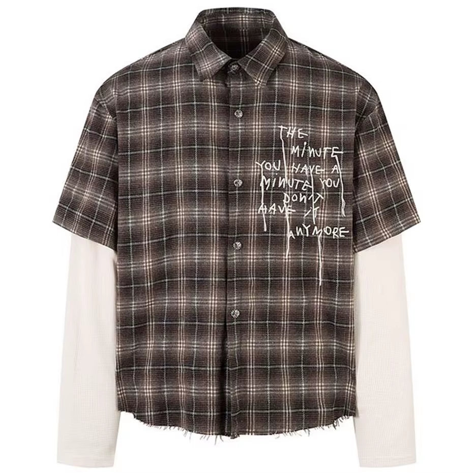 Vintage Plaid Shirts Fake Two Piece Loose Long Sleeve Shirts Button up Blouse Streetwear Harajuku Hip Hop Shirts