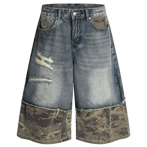 Camouflage Patchwork Vintage Denim Shorts Men Summer Streetwear Harajuku Hip Hop Shorts Casual Loose Shorts