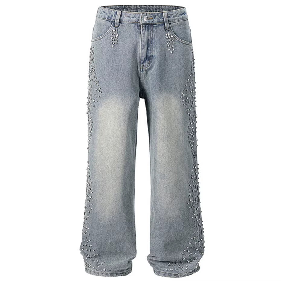 Diamond Jeans Side Rhinestone Wide Leg Baggy Jeans Men Streetwear Fashion Denim Pants Black Blue Hipster Jeans