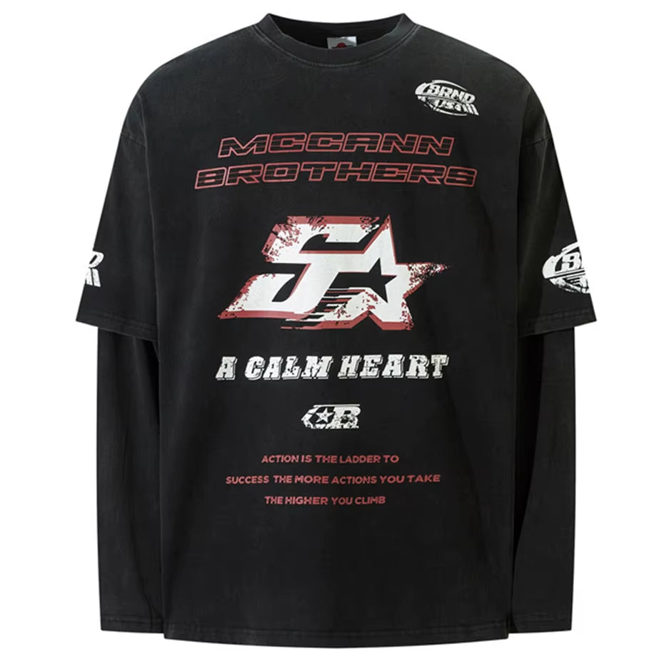 Harajuku Vintage Oversized T-Shirts Men Streetwear Hip Hop Long Sleeve T Shirts Washed Retro Loose Tee Tops