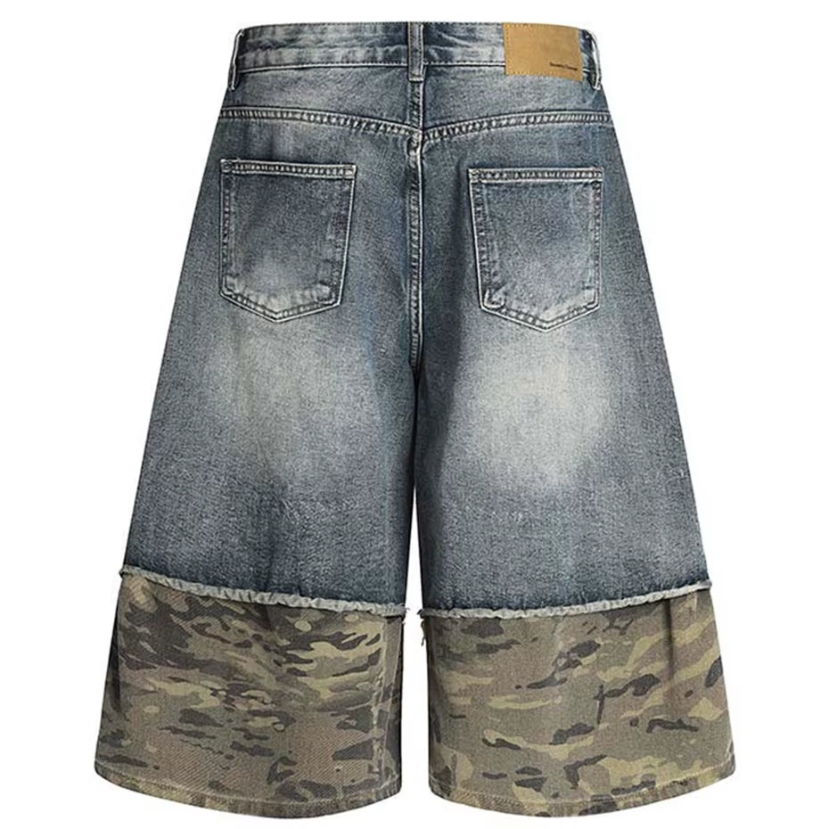 Camouflage Patchwork Vintage Denim Shorts Men Summer Streetwear Harajuku Hip Hop Shorts Casual Loose Shorts