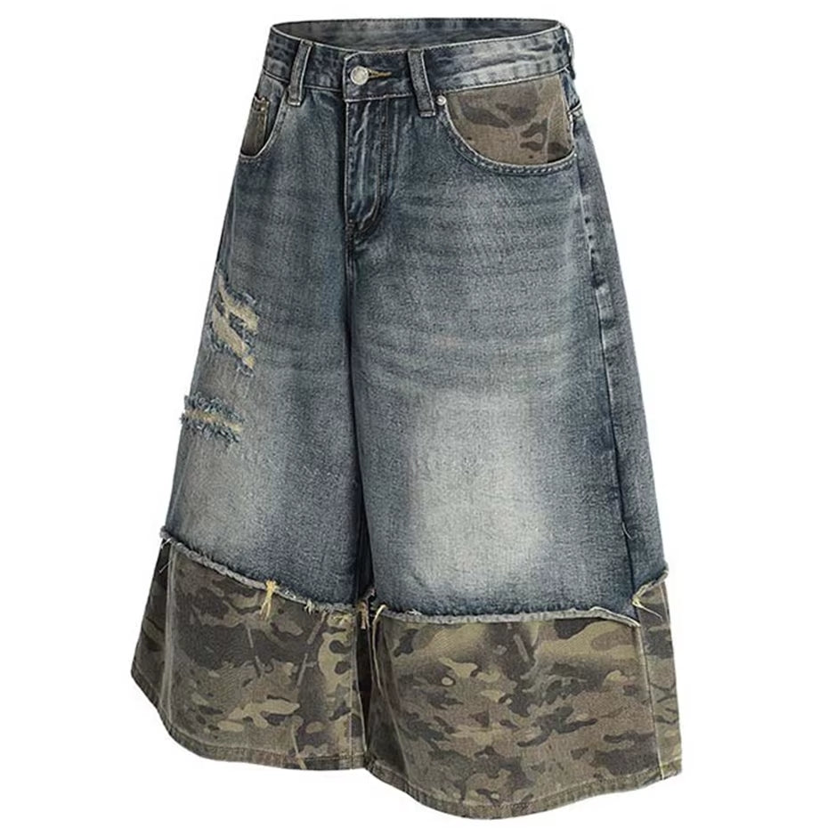 Camouflage Patchwork Vintage Denim Shorts Men Summer Streetwear Harajuku Hip Hop Shorts Casual Loose Shorts