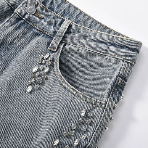 Diamond Jeans Side Rhinestone Wide Leg Baggy Jeans Men Streetwear Fashion Denim Pants Black Blue Hipster Jeans